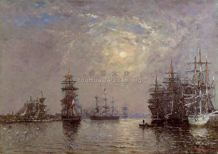 Le Havre, European Basin, Sailing Ships at Anchor, Sunset - 尤金·布丹
